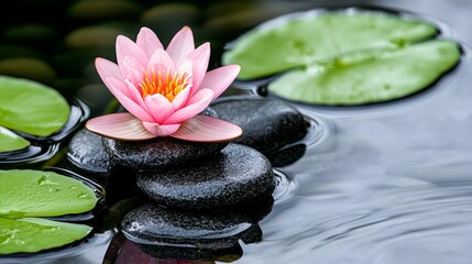 A serene water lily rests on smooth stones, surrounded by gentle ripples and lush green leaves, creating a tranquil nature scene.
