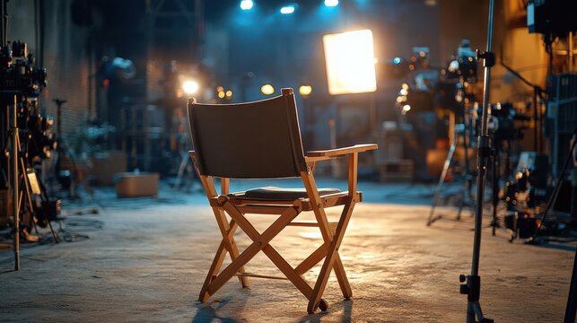 Empty director's chair on a film set with lighting and equipment.