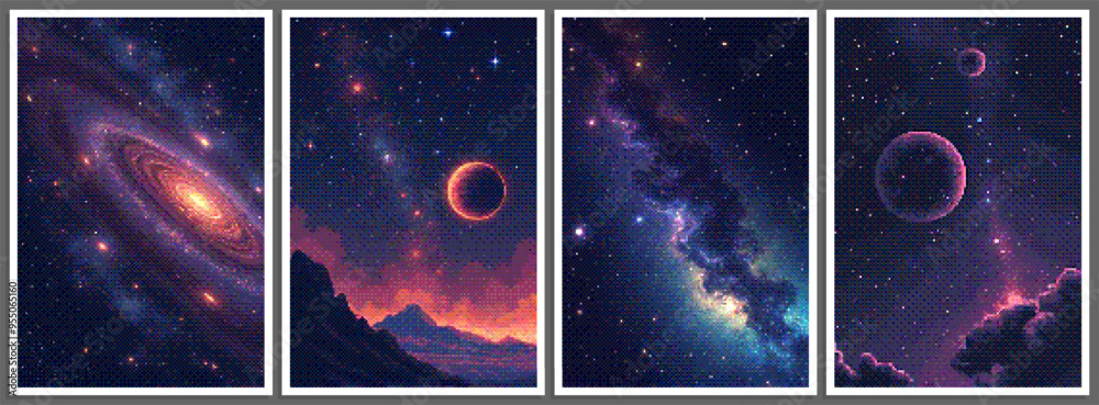 Poster set of pixelated posters with futuristic deep space scene in pixel art style with dithering effect. 