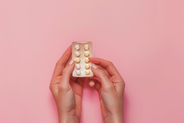 Female Hands Holding a Blister Pack of Birth Control Pills against Pastel Pink Background