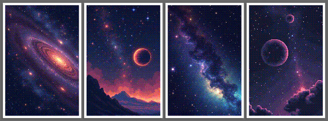 Set of pixelated posters with futuristic deep space scene in pixel art style with dithering effect. Retro space background for vintage cover, flyer, magazine or banner. Vector 8-bit illustration © 3d_kot