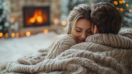 Romantic Valentine's Evening - Couple Cuddling by Cozy Fireplace with Blanket