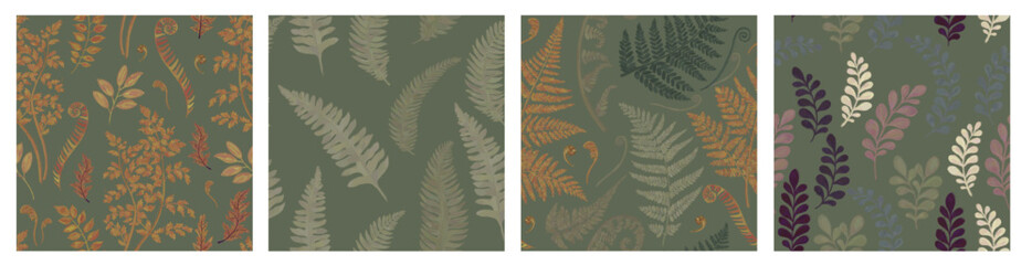 Set of seamless deciduous herbal fern patterns on green background