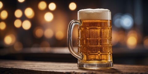 Traditional beer mug with light lager beer close-up.