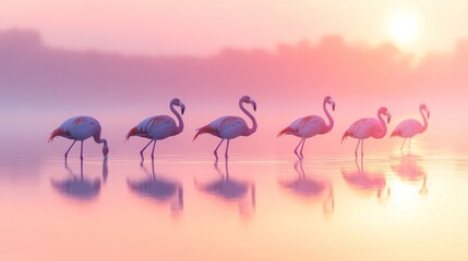 Naklejka premium Flamingos at Sunrise