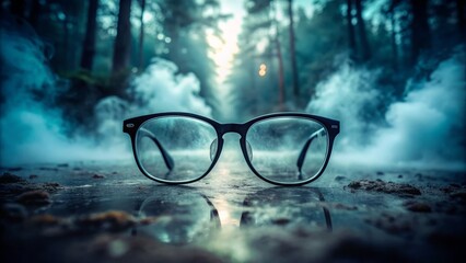 Misty fog condenses into tiny droplets on lenses of trendy eyeglasses, blurring focus and casting an eerie atmosphere on the surrounding environment.