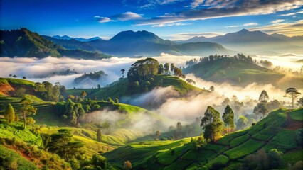 Fototapeta premium Misty morning landscape of World's End in Nuwara Eliya, Sri Lanka, with lush green hills and forests shrouded in fog, under a bright blue sky.