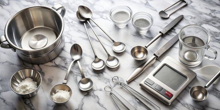 Assorted precision measuring tools, including stainless steel spoons, digital scale, and glass measuring cups, lay on a marble countertop, ready for baking and cooking tasks.