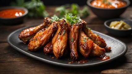 Fototapeta premium Grilled chicken wings with sauce on rustic table.