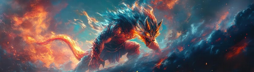 Fiery beast with glowing wings, claws, and tail emerging from a nebula.