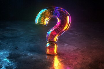 A large question mark icon made of glass, reflecting vibrant rainbow colors with light shining through it against a dark background. 