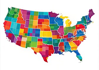 A stunning illustration of the United States map, comprising 50 individual state outlines in vibrant colors, meticulously arranged to form a cohesive and visually appealing design.