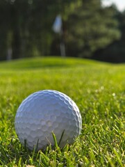 Close-up of a golf ball on grass with a blurred flagstick and green area in the background.