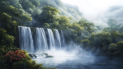 Fototapeta premium Serene waterfall cascading through lush green rainforest.