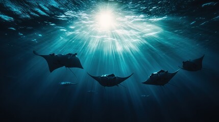 Underwater Dance: Manta Rays Illuminated by Sunlight