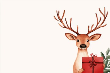 Reindeer with festive antlers, receiving a gift, holiday celebration, Watercolor style