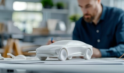 automotive designer focused on white car model prototype development in modern office.