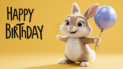 Cute cartoon bunny with text "Happy Birthday" and balloon on yellow background. AI generated