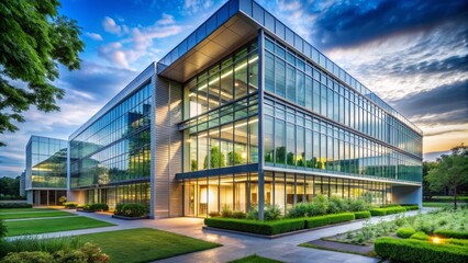 Obraz premium Modern diagnostic laboratory exterior with sleek glass facade, stainless steel accents, and lush greenery, conveying innovation and cutting-edge medical research.