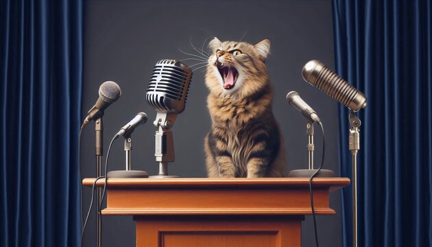 cat speak podium microphones yelling shouting expressive orator scene