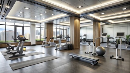 Modern exercise room with rubber flooring, mirrors, and various fitness equipment, including treadmills, weights, and stationary bikes, in a bright and clean atmosphere.