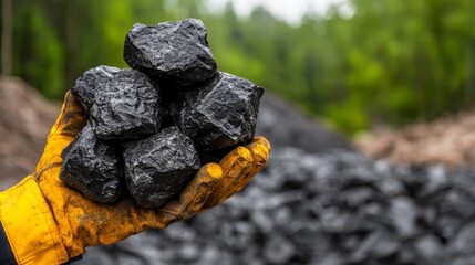 closeup of coal in gloved hand against a background of coal pile and green forest in an opencast mine