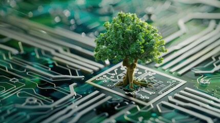 Tree Growing on Circuit Board: Symbol of Sustainability
