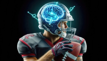 An innovative illustration of a football player with a brain inside a helmet, symbolizing the intersection of sports and technology, ideal for health, sports psychology, and tech fields.