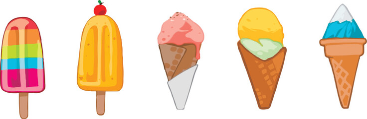 Hand-drawn summer ice products, popsicles, fruit ice and other flavor combinations