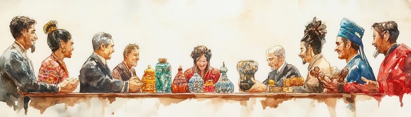 Naklejka premium Group of people looking at pottery on a table