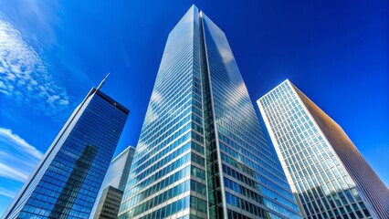 Obraz premium Modern glass skyscraper stands alone against a clear blue sky, its sleek architecture and towering presence dominating the surrounding urban landscape.