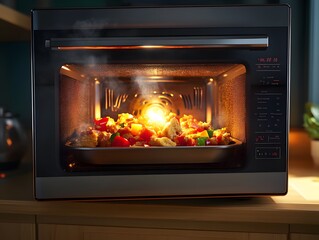 Close up of a microwave oven with a plate of food inside