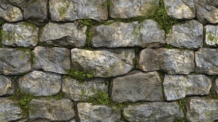 A detailed view showcases a textured stone wall adorned with patches of moss, giving a rustic appearance in natural light