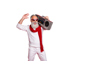 Portrait of his he nice handsome cheerful cheery positive glad carefree gray-haired man in pullover sweater having fun vintage festive event rejoicing isolated over bright vivid shine red background