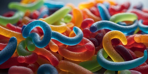 Colorful gummy worms upon frosty surface within soft light.