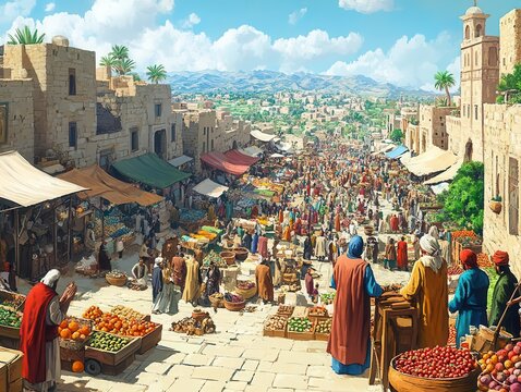 Fototapeta Busy marketplace in a medieval city with vendors and people.