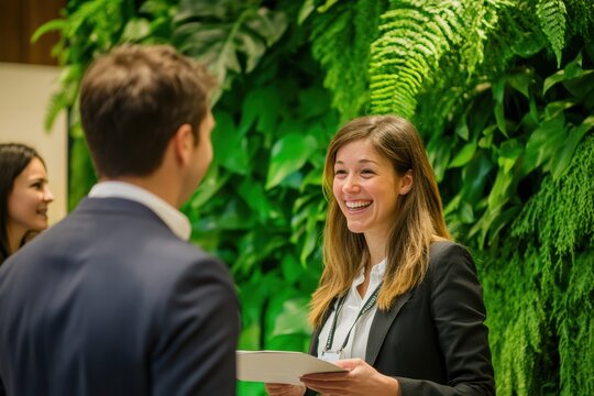Professional converses colleague during corporate networking event, sharing insights forming valuable connections. Event atmosphere highlights Green concept.