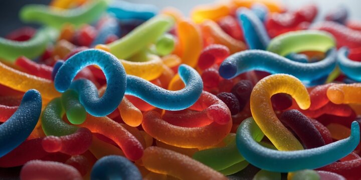 Colorful gummy worms upon frosty surface within soft light.