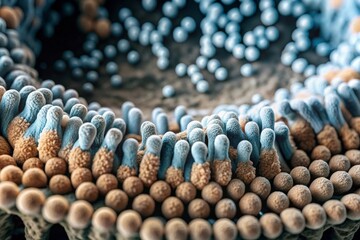 A 3D visualization of blue intestinal microvilli, finger-like projections on the intestinal wall, providing a detailed view of their structure