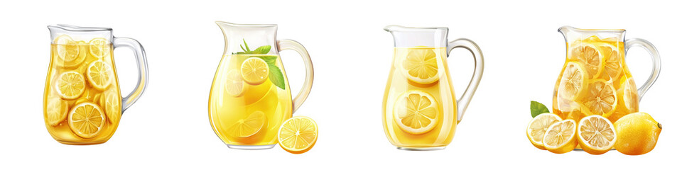 Obraz premium Refreshing lemonade pitchers filled with slices of lemon and mint leaves, perfect for summer gatherings and sunny days.