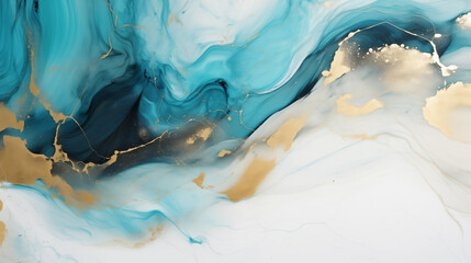 Fototapeta premium A HD close up of a minimalist acrylic marble painting. The painting is kept in black, white, aquamarine and golden colors
