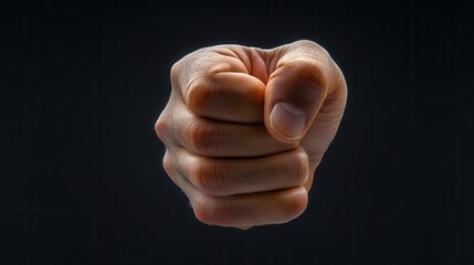 Closeup of a clenched fist against a black background.
