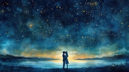 Silhouette of a couple embracing under a starry night sky.