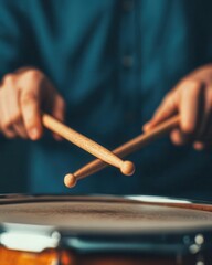 Close-up of a drummer's hands playing a snare drum, capturing the rhythm and energy of live music performance.