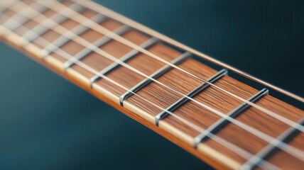 Fototapeta premium Close-up of a guitar fretboard showcasing intricate details and craftsmanship, perfect for music and instrument lovers.
