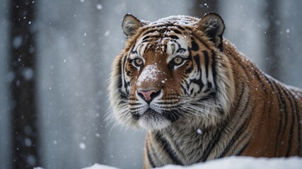 Tiger in snowfall gazes into distance wintry forest.