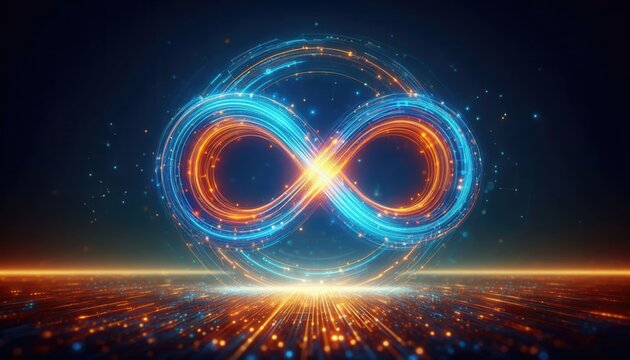 A vibrant, futuristic representation of the infinity symbol, symbolizing limitless potential, innovation, and continuity in technology and business.