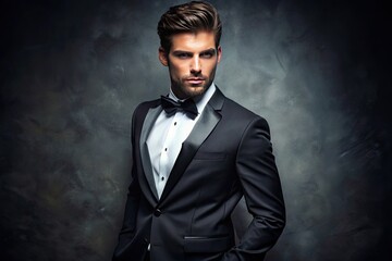 Fototapeta premium Attractive male fashion model with chiseled features and toned physique posing confidently in a sleek black tuxedo against a luxurious dark grey background.