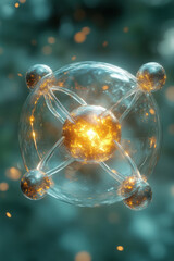 Obraz premium A close-up of deuterium and tritium nuclei merging in a controlled fusion reaction, with visible neutron release and energy waves, isolated on a pastel green background,