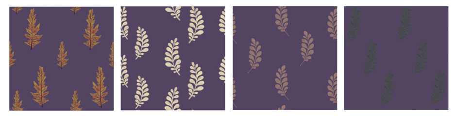 Set of simple seamless foliage herbal patterns on a purple background